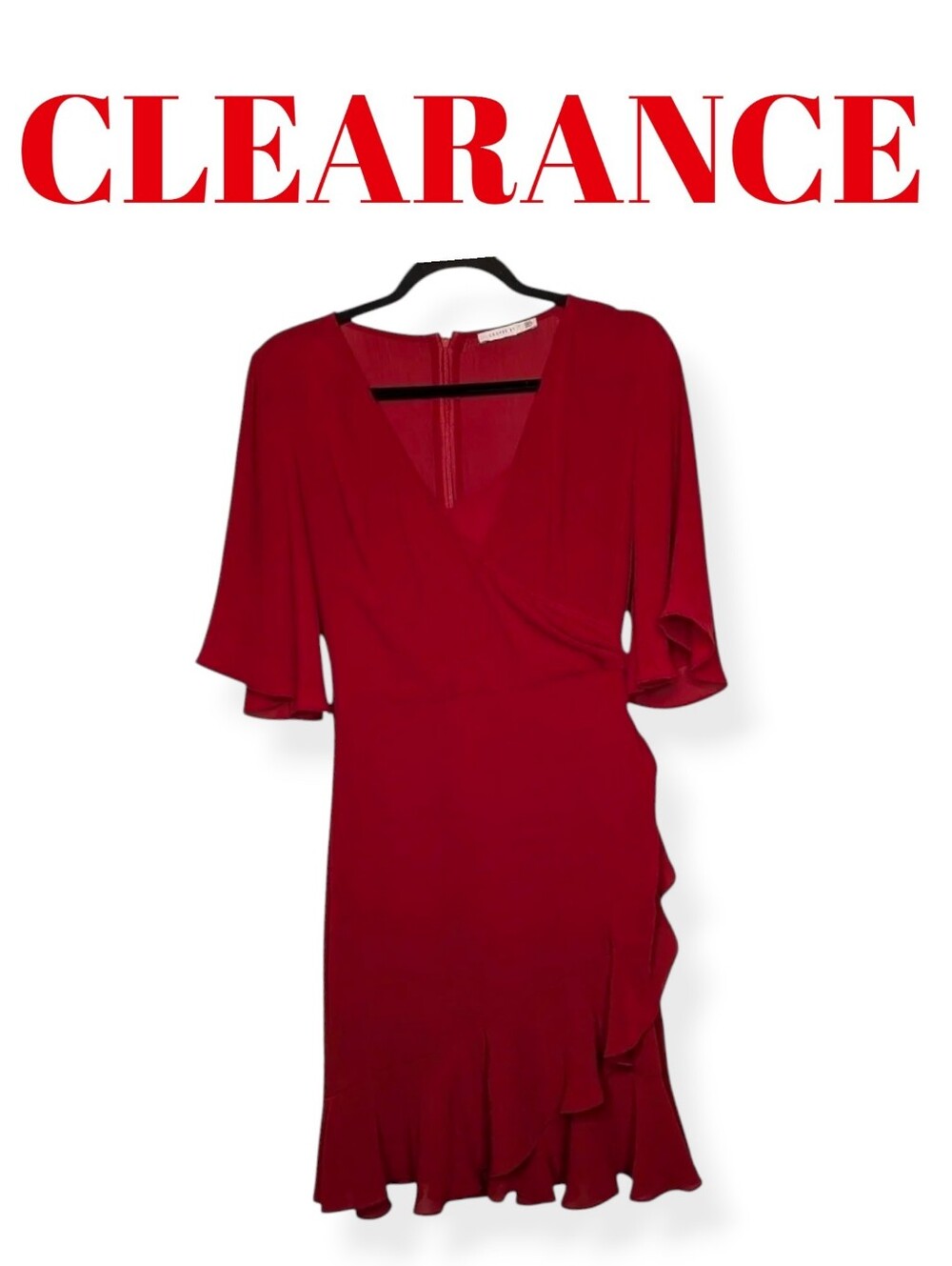 Cooper St Elegant Faux Wrap Dress Sophisticated Flowy Sleeve Ruffle Cocktail Red